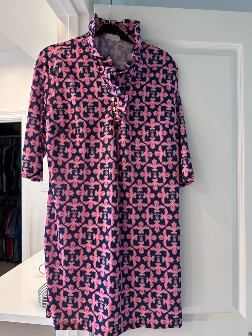 Navy & Pink Floral Geometric Shift Dress